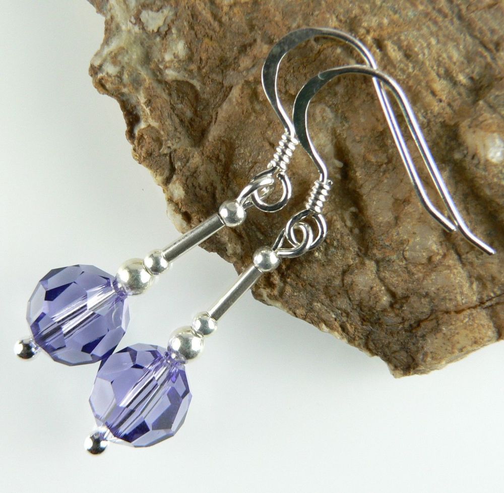 Sterling silver earrings made with 8mm faceted round Swarovski Elements in a gift box - Tanzanite, Blue Zircon, Fireopal, Jet, Peridot (M)