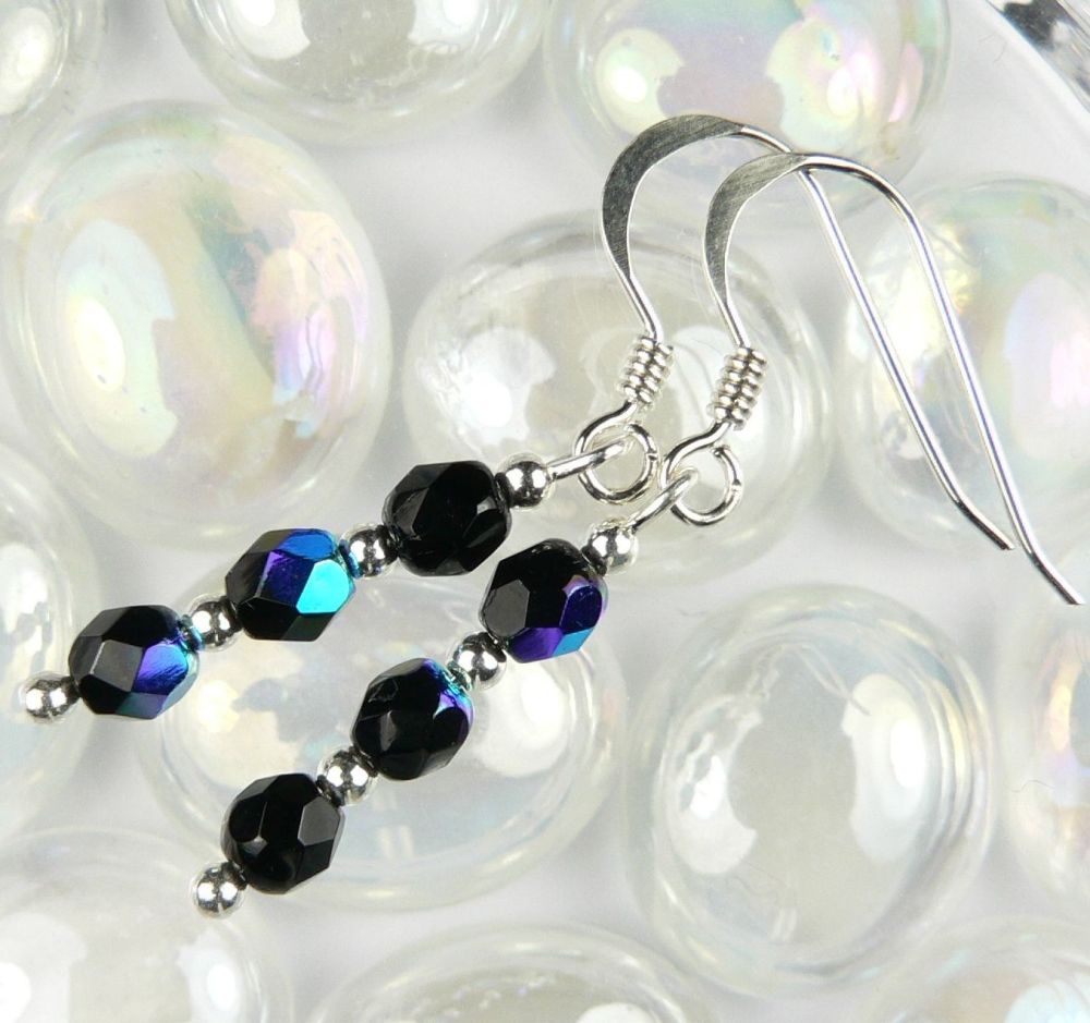 Sterling silver fire polished Czech glass earrings, in a gift box - faceted glass beads 4mm (+/-).  Available on fish or kidney wires - Jet