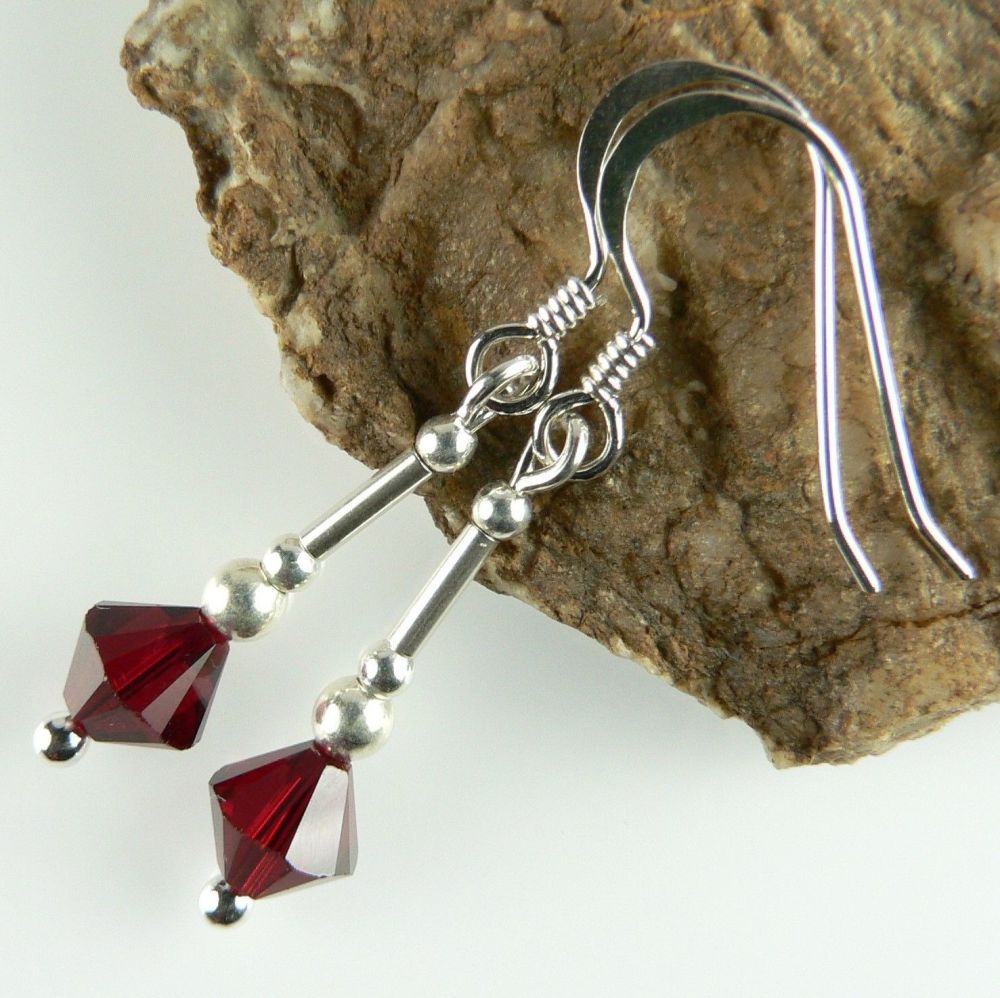 Sterling silver earrings made with 6mm bicone Swarovski Elements in a gift box (Siam - M) (red)