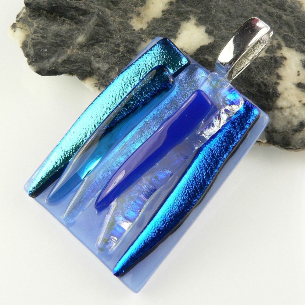 4.4cm blue textured Dichroic glass pendant, with leather cord & gift box (#30102)