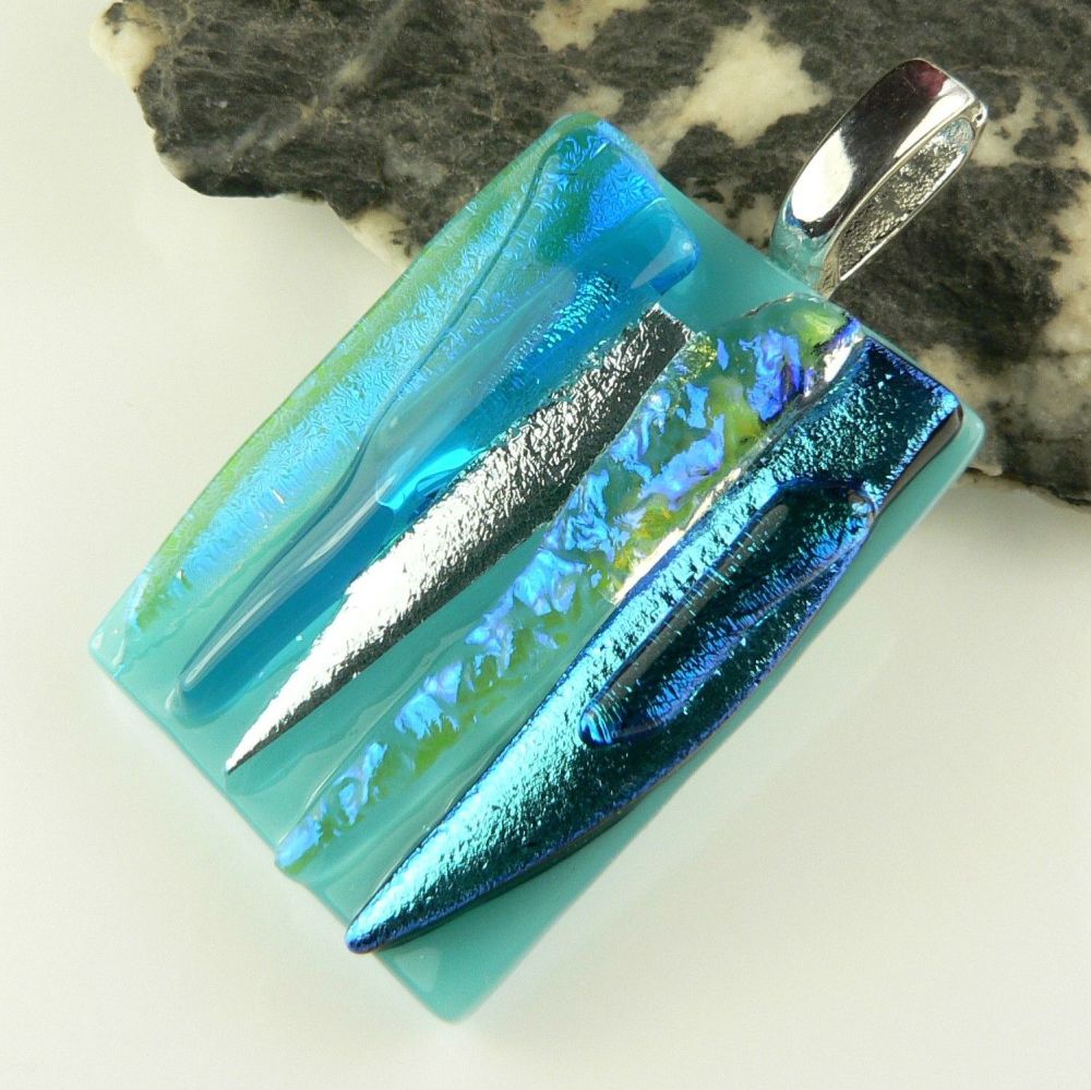 blue textured genuine dichroic glass pendant