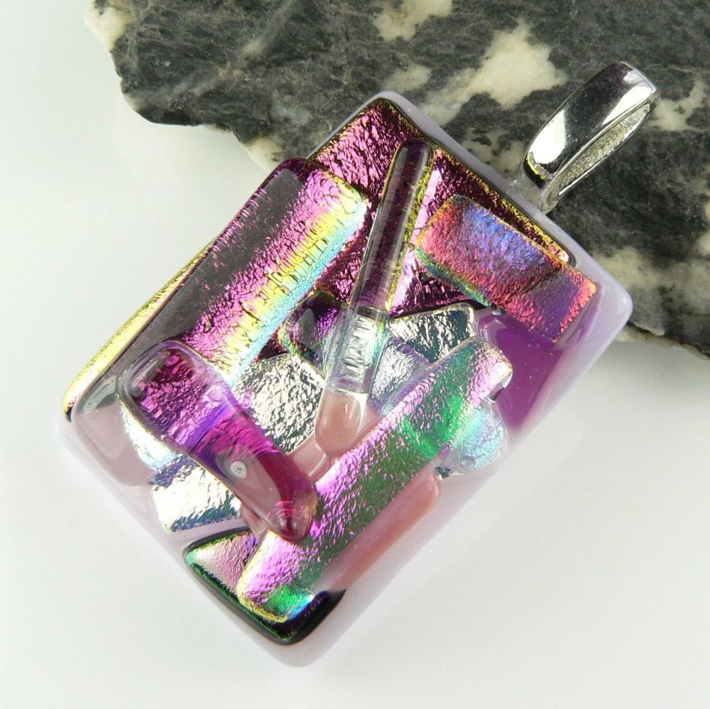 4.3cm pink textured Dichroic glass pendant, with leather cord & gift box (#30455)