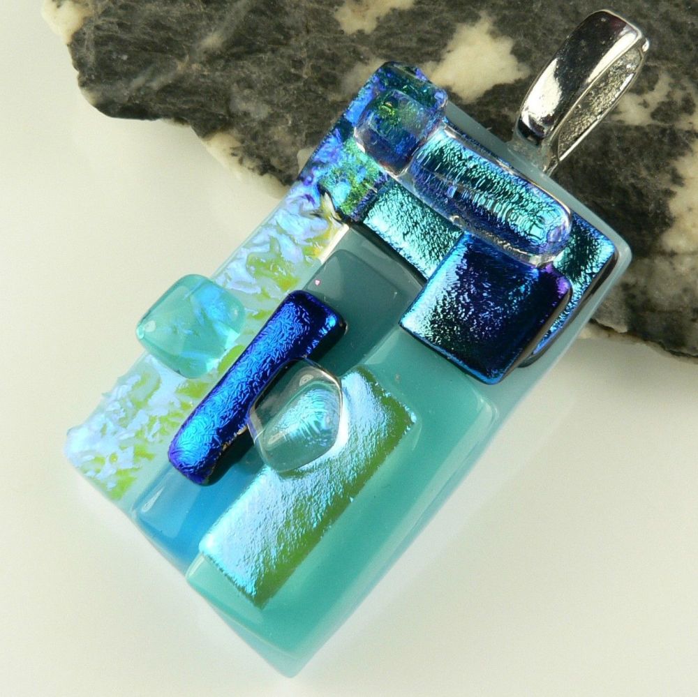 4.5cm blue textured Dichroic glass pendant, with leather cord & gift box (#30474)