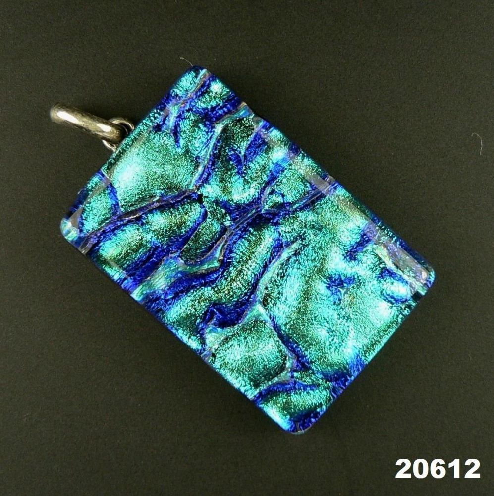 3.9cm green & blue sterling silver Dichroic glass pendant, with leather cord & gift box (#20612)