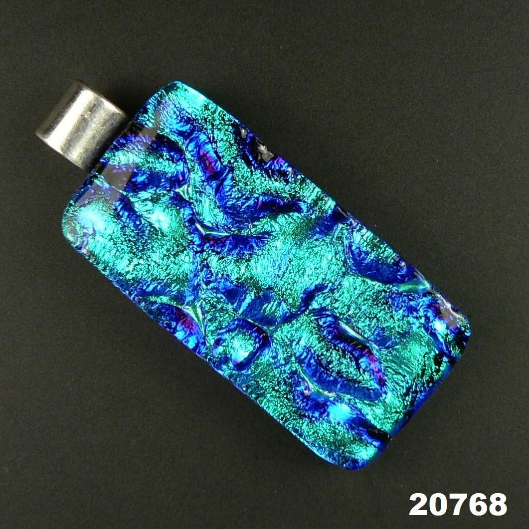 3.9cm green & blue sterling silver Dichroic glass pendant, with leather cord & gift box (#20768)