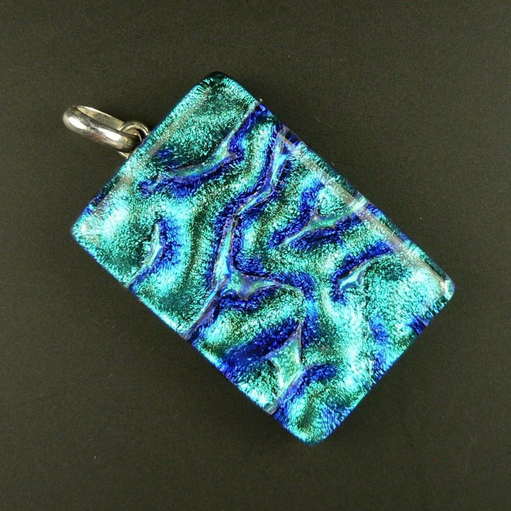 3.9cm green & blue sterling silver Dichroic glass pendant, with leather cord & gift box (#20814)