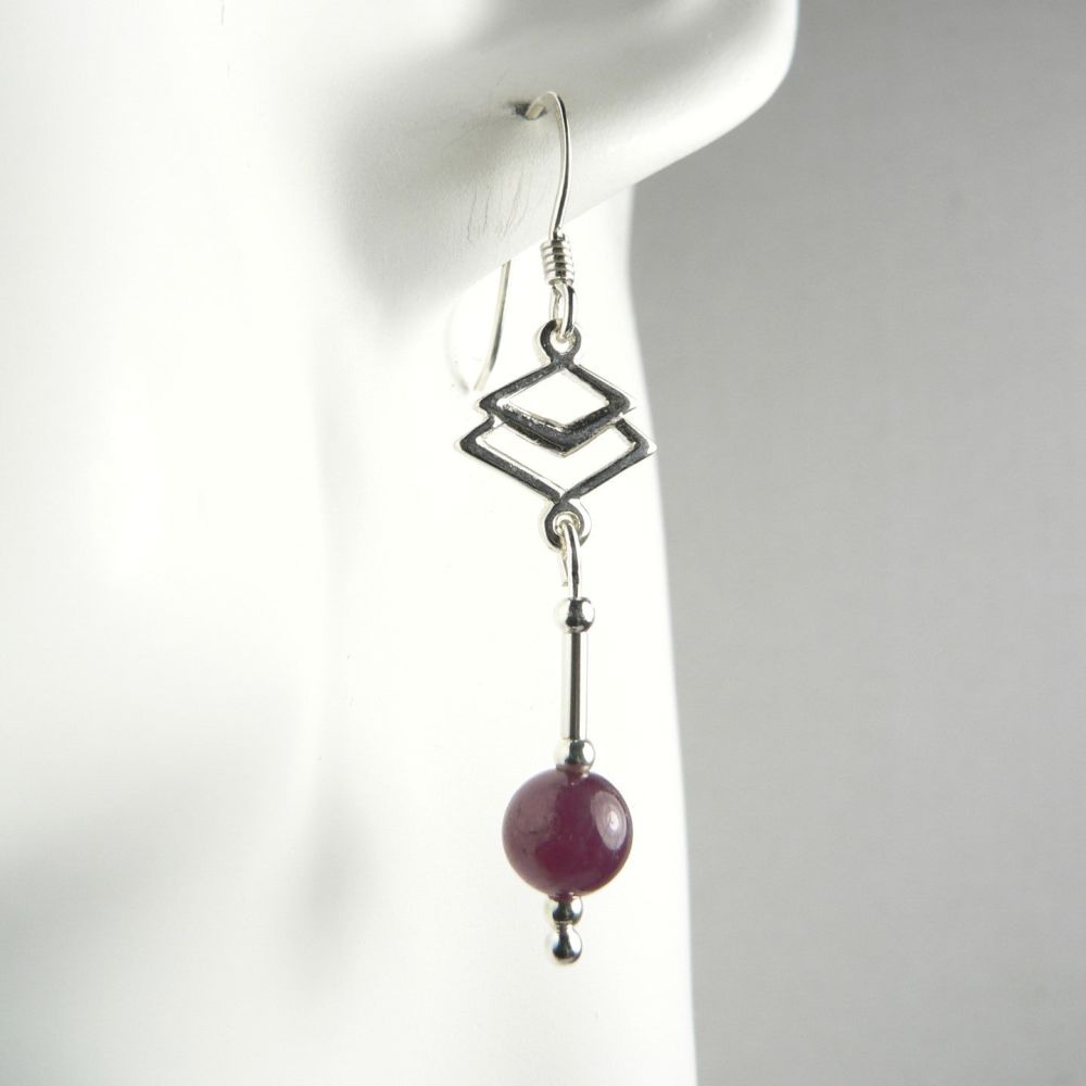 Pair of sterling silver & 6mm (+/-) Ruby semi-precious stone drop earrings, in a gift box