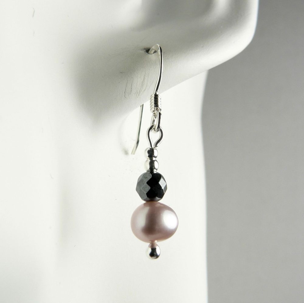 natural pink pearl and hematite earrings