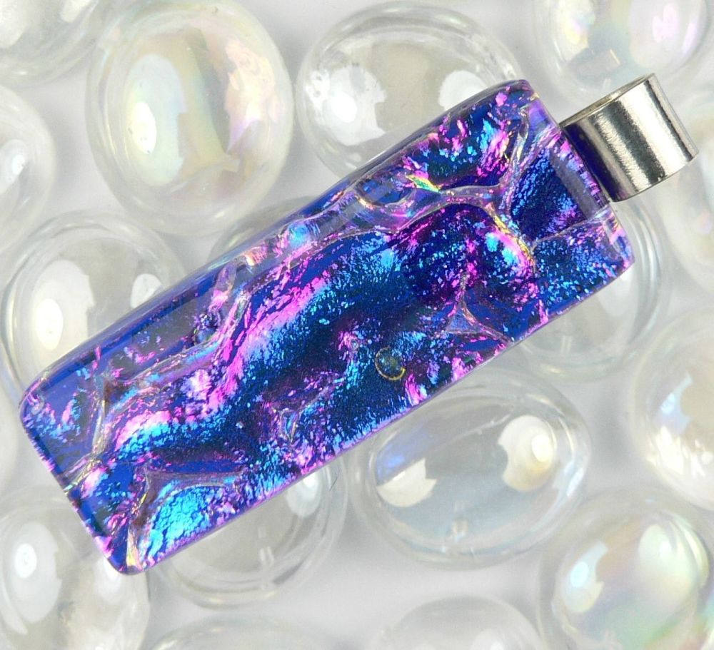 4.6cm blue & pink sterling silver Dichroic glass pendant, with leather cord & gift box (#10710)