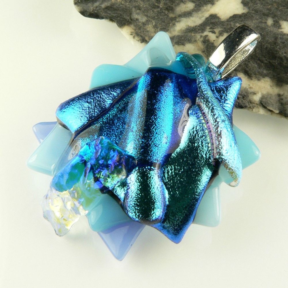 4.5cm blue textured Dichroic glass pendant, with leather cord & gift box (#30090)