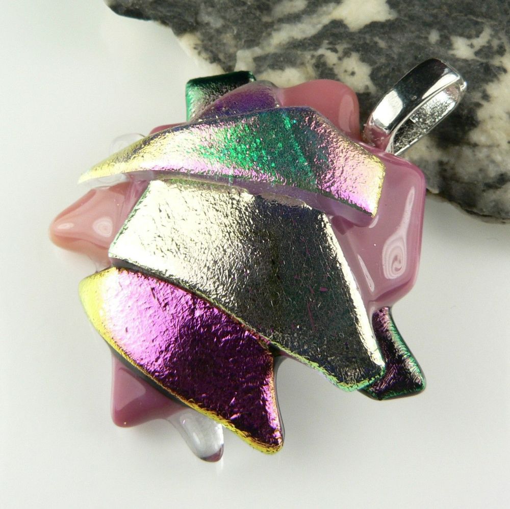 genuine pink textured dichroic glass pendant