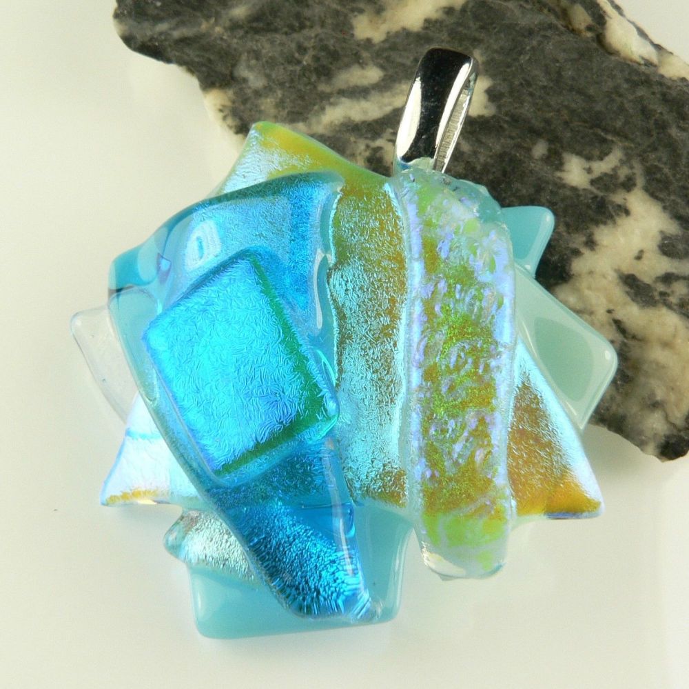 genuine textured blue dichroic glass pendant