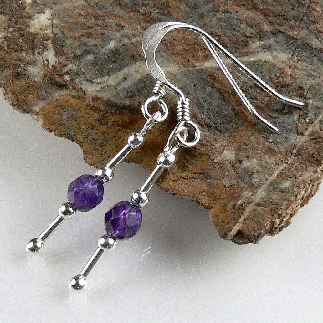 Dainty sterling silver & faceted Amethyst semi-precious stone earrings, in a gift box (M)