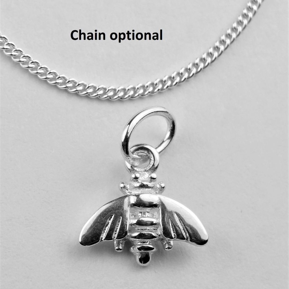 Sterling silver 9mm bee pendant, with/out 16" or 18" fine curb chain, in a gift box, with silver polishing cloth