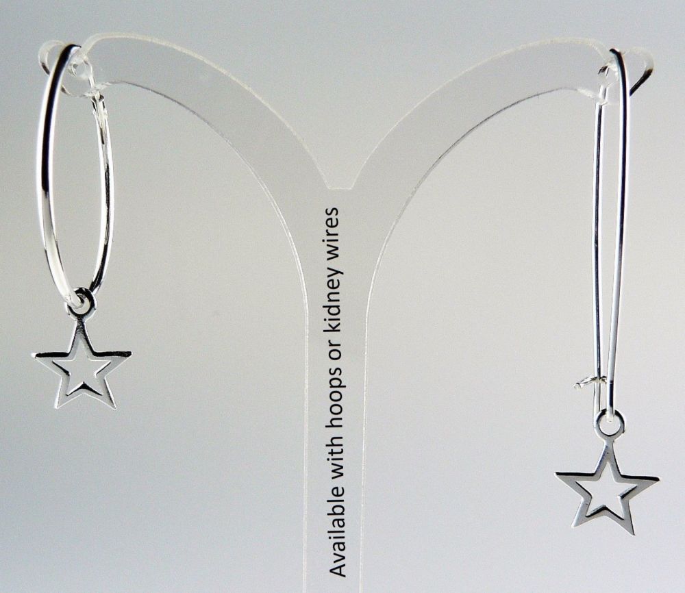 Sterling silver earrings with 10mm open stars, on either hoop or kidney wires, in a gift box