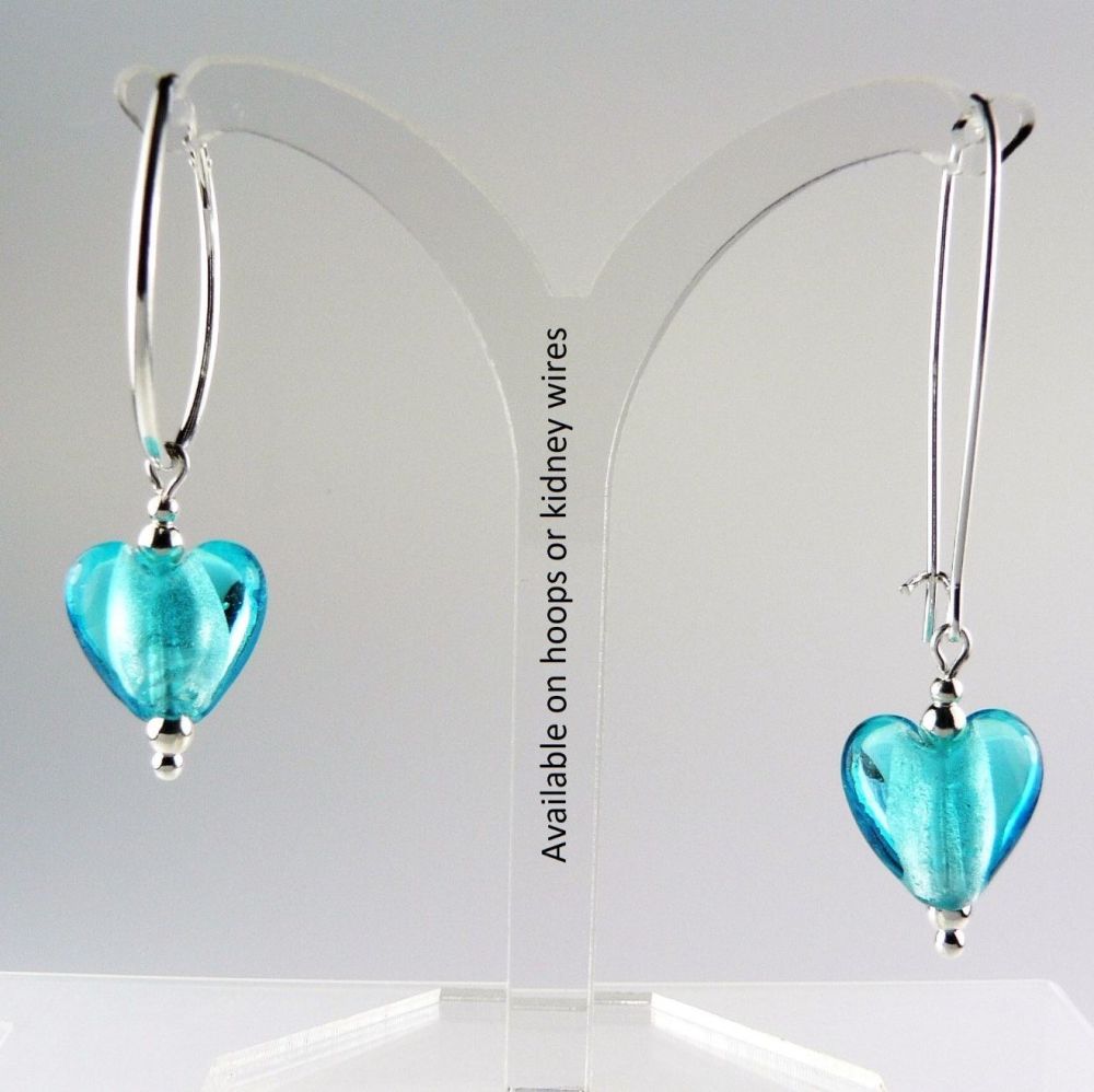 9 colours - sterling silver 12mm (+/-) silver-foil glass heart earrings in a gift box - with/without hoops or kidney wires