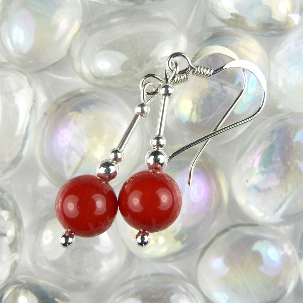 Sterling silver 8mm (+/-) Red Bamboo Coral (farmed/coloured) semi-precious stone earrings, in a gift box (M)