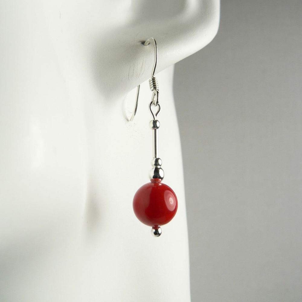 Sterling silver 8mm (+/-) Red Bamboo Coral (farmed/coloured) semi-precious stone earrings, in a gift box (M)