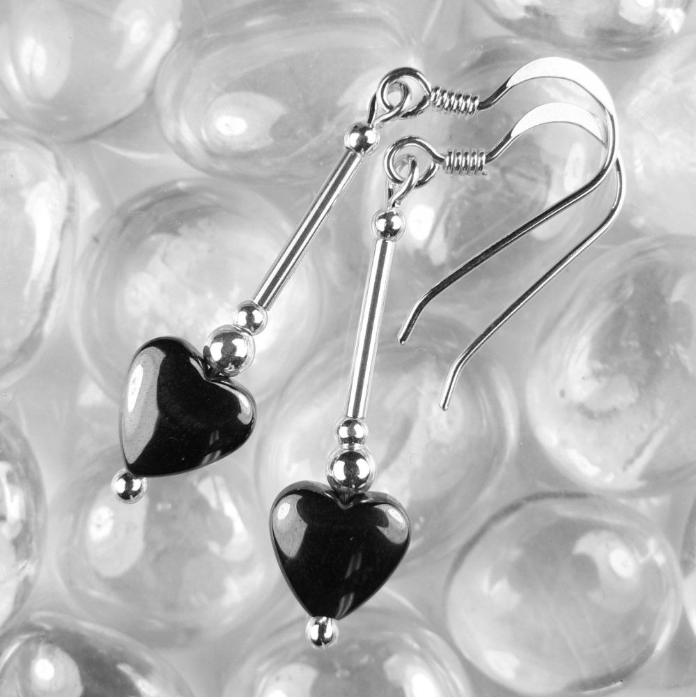 sterling silver dark grey hematite heart earrings