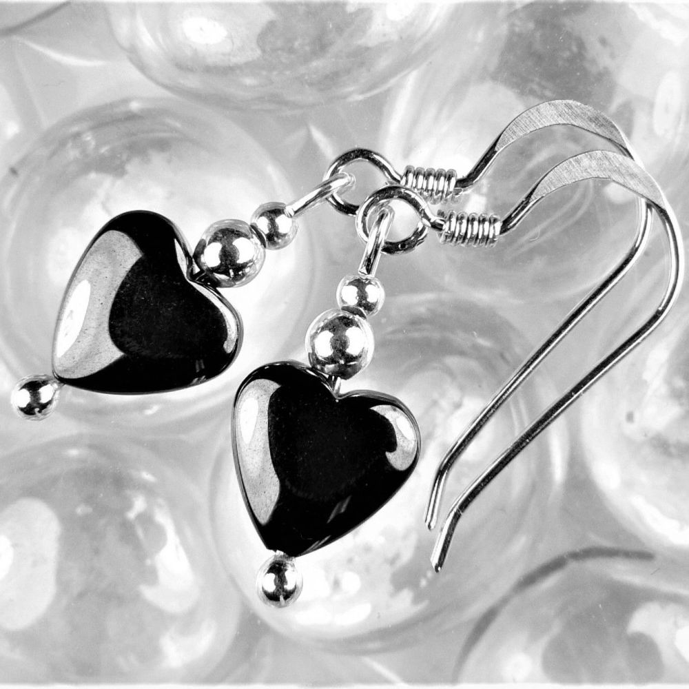 Sterling silver 8mm (+/-) Hematite heart semi-precious stone earrings, in a gift box