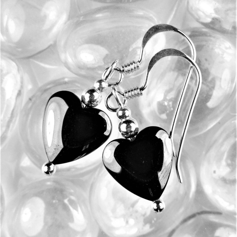 Sterling silver 10mm (+/-) Hematite heart semi-precious stone earrings, in a gift box