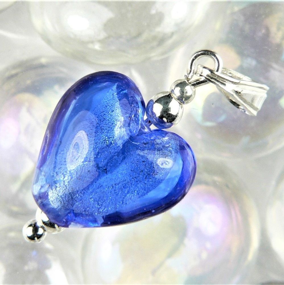 Sterling silver 12mm (+/-) blue silver foil glass heart pendant, with/without a chain, in a gift box