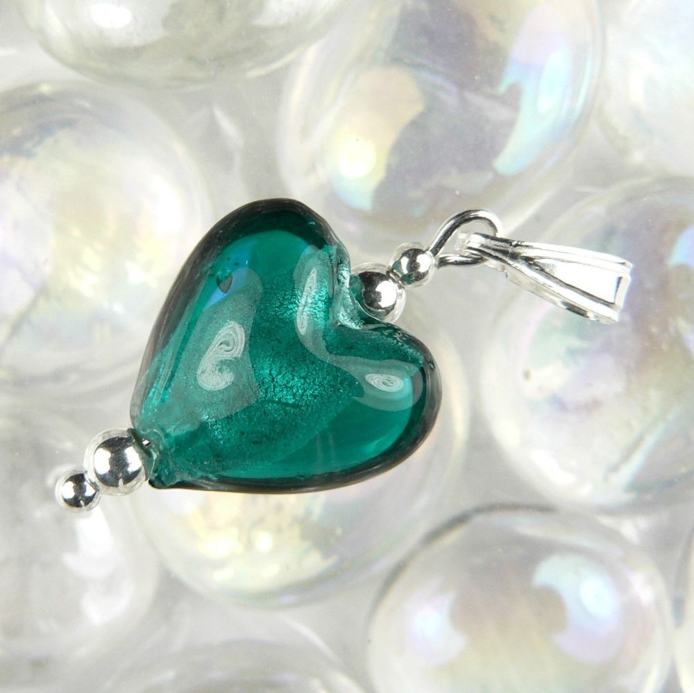 Sterling silver 12mm (+/-) teal silver foil glass heart pendant, with/without a chain, in a gift box