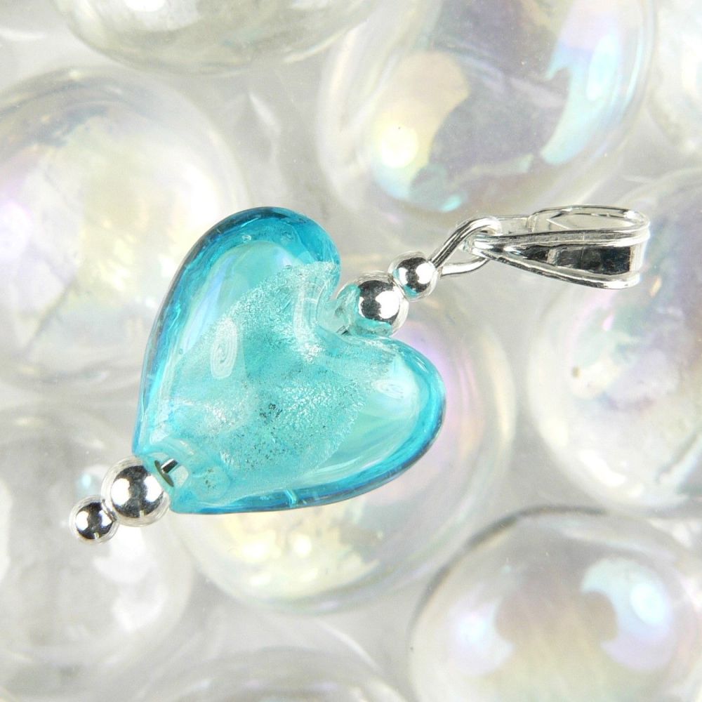 Sterling silver 12mm (+/-) aqua silver foil glass heart pendant, with/without a chain, in a gift box