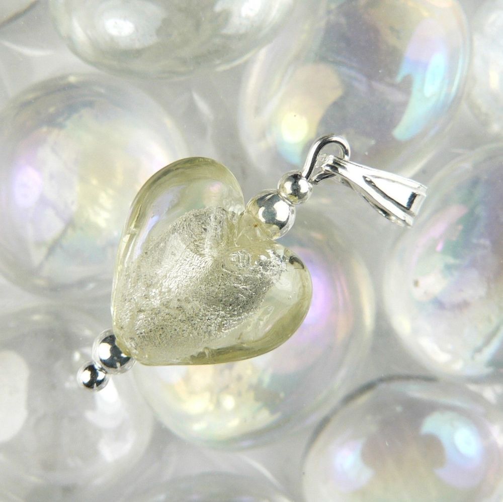 sterling silver pale green silver foil glass heart pendant necklace