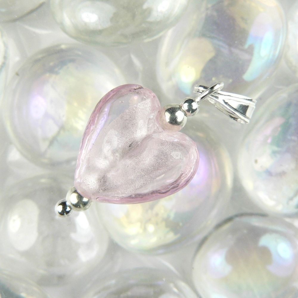 sterling silver pale pink silver foil glass heart pendant necklace