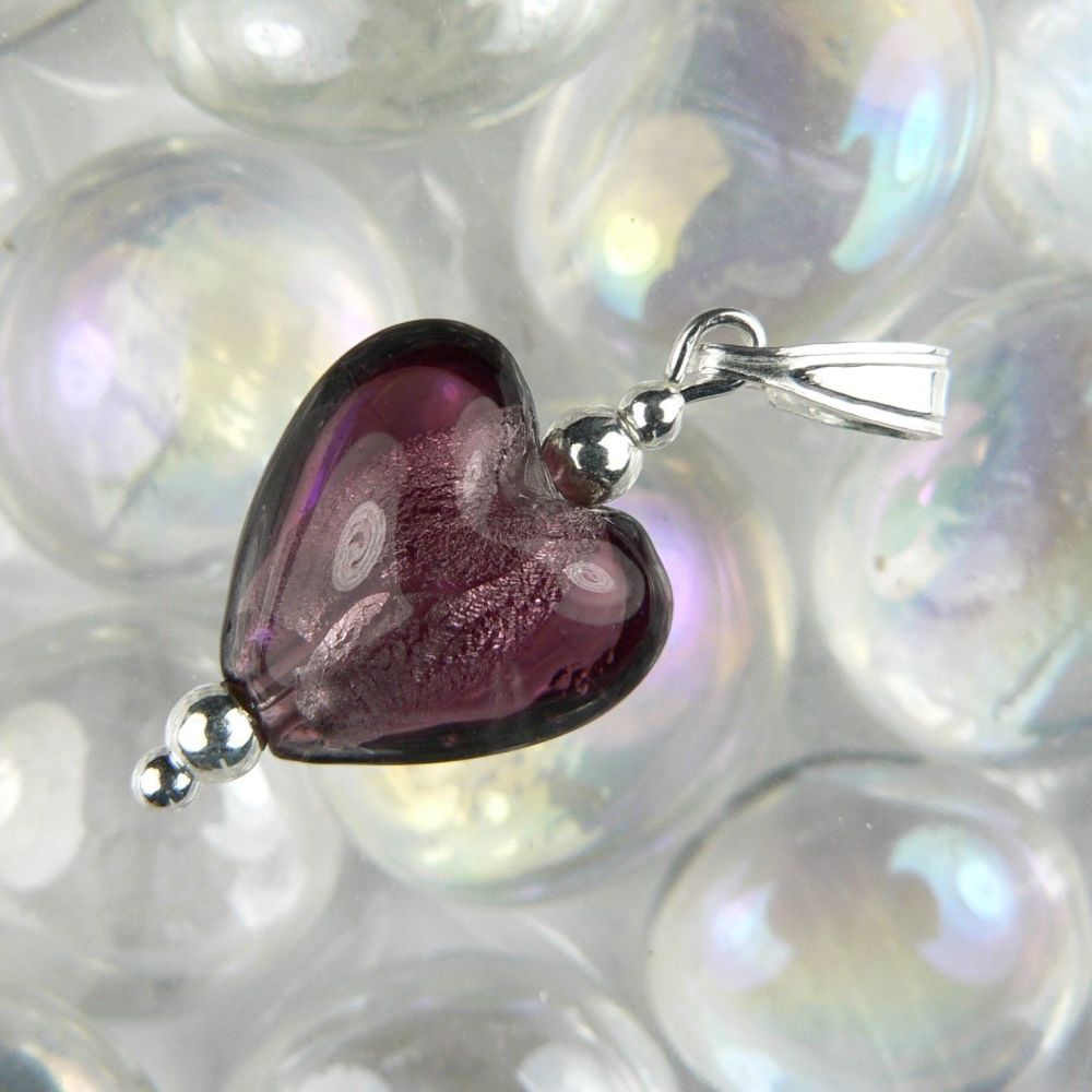 sterling silver amethyst purple silver foil glass heart pendant necklace