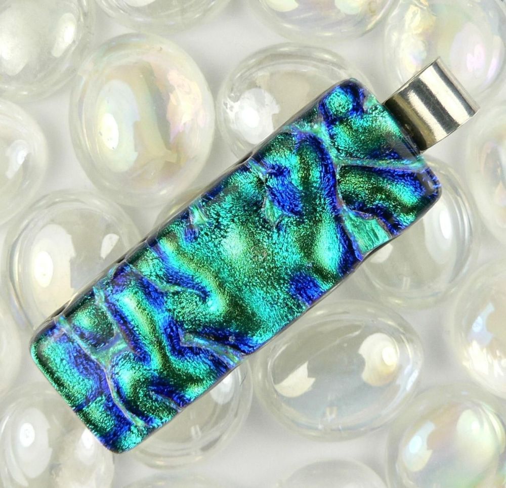 4.6cm green & blue sterling silver Dichroic glass pendant, with leather cord & gift box (#10793)