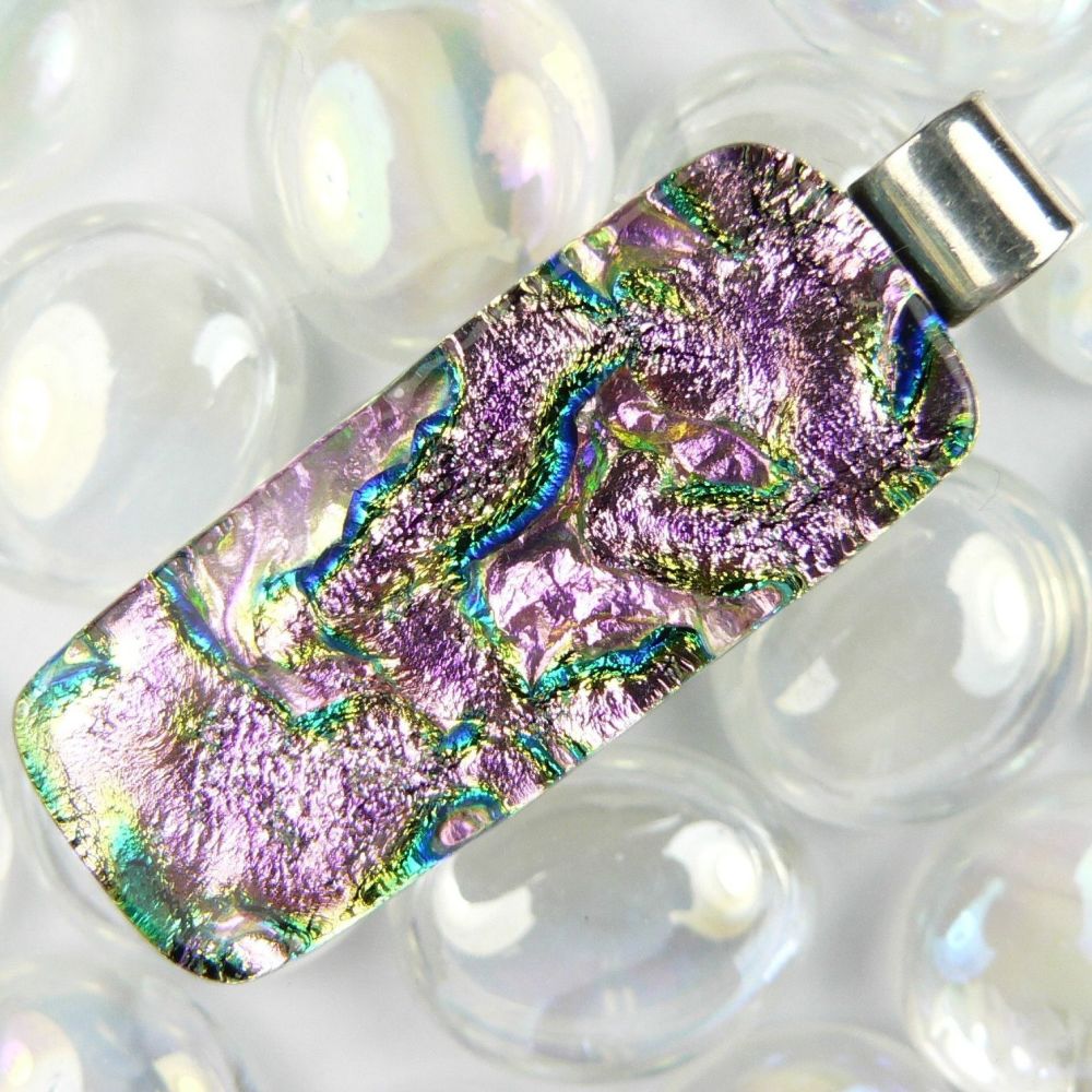 4.1cm pink sterling silver Dichroic glass pendant, with leather cord & gift box (#10942)