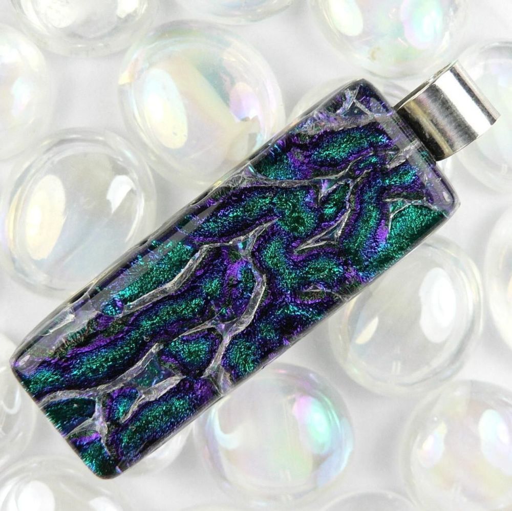 4.6cm green & purple sterling silver dichroic glass pendant, with leather cord & gift box (#20314)