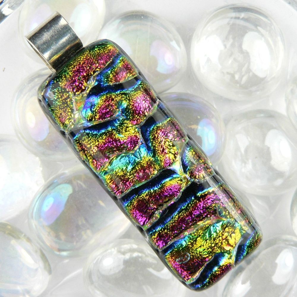 sterling silver multi coloured genuine dichroic glass pendant necklace