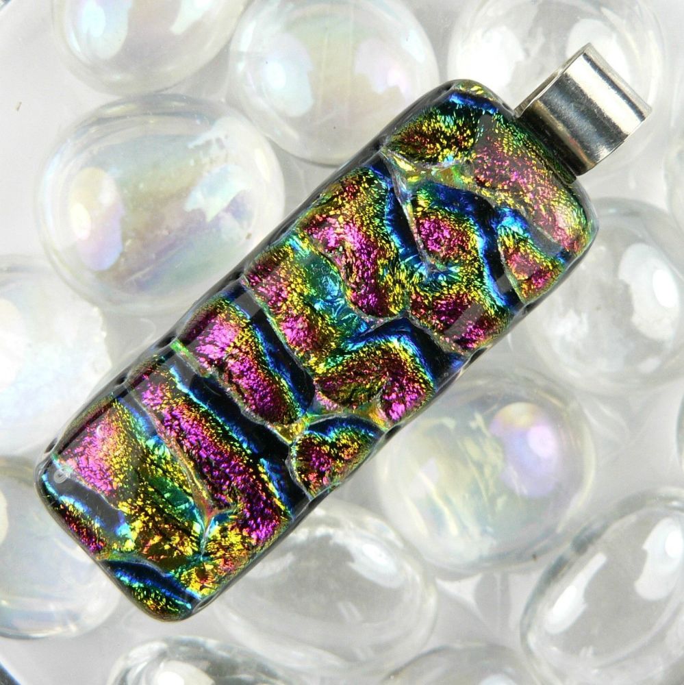 4.7cm multi-coloured sterling silver dichroic glass pendant, with leather cord & gift box (#20940)