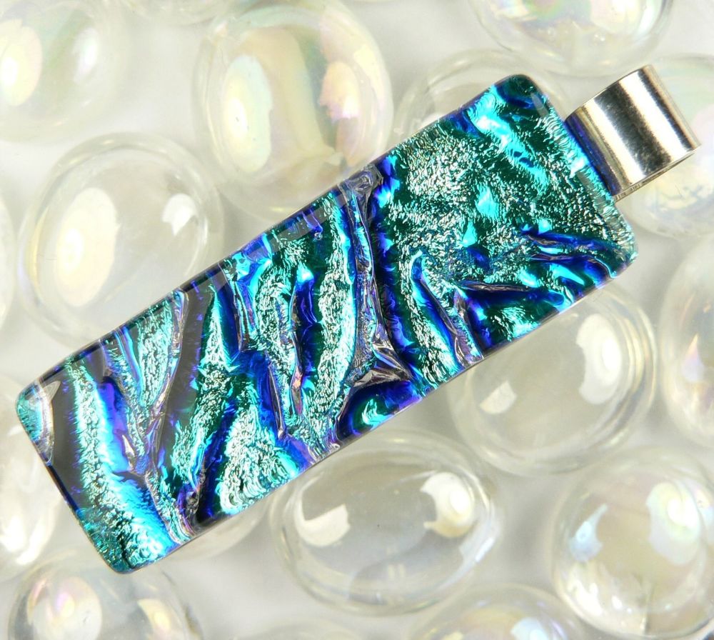 4.6cm blue & green sterling silver Dichroic glass pendant, with leather cord & gift box (#10809)