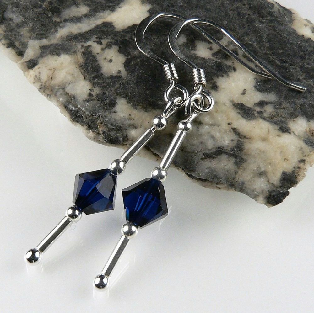 Sterling silver earrings made with 6mm bicone Swarovski Elements in a gift box (Dark Indigo - M) (dark blue)