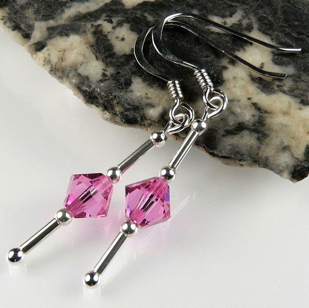 Sterling silver earrings made with 6mm bicone Swarovski Elements in a gift box (Rose - M) (pink)