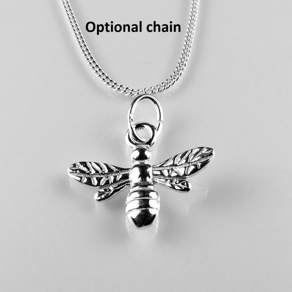 Sterling silver 15mm bee pendant, with/out 16" or 18" fine curb chain, in a gift box, with silver polishing cloth