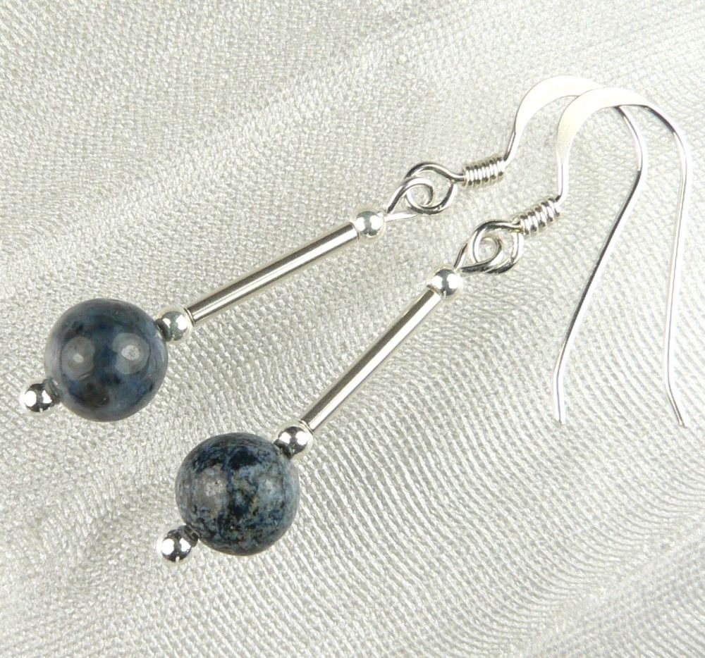 Sterling silver 6mm (+/-) Dumortierite semi-precious stone drop earrings, in a gift box (L)