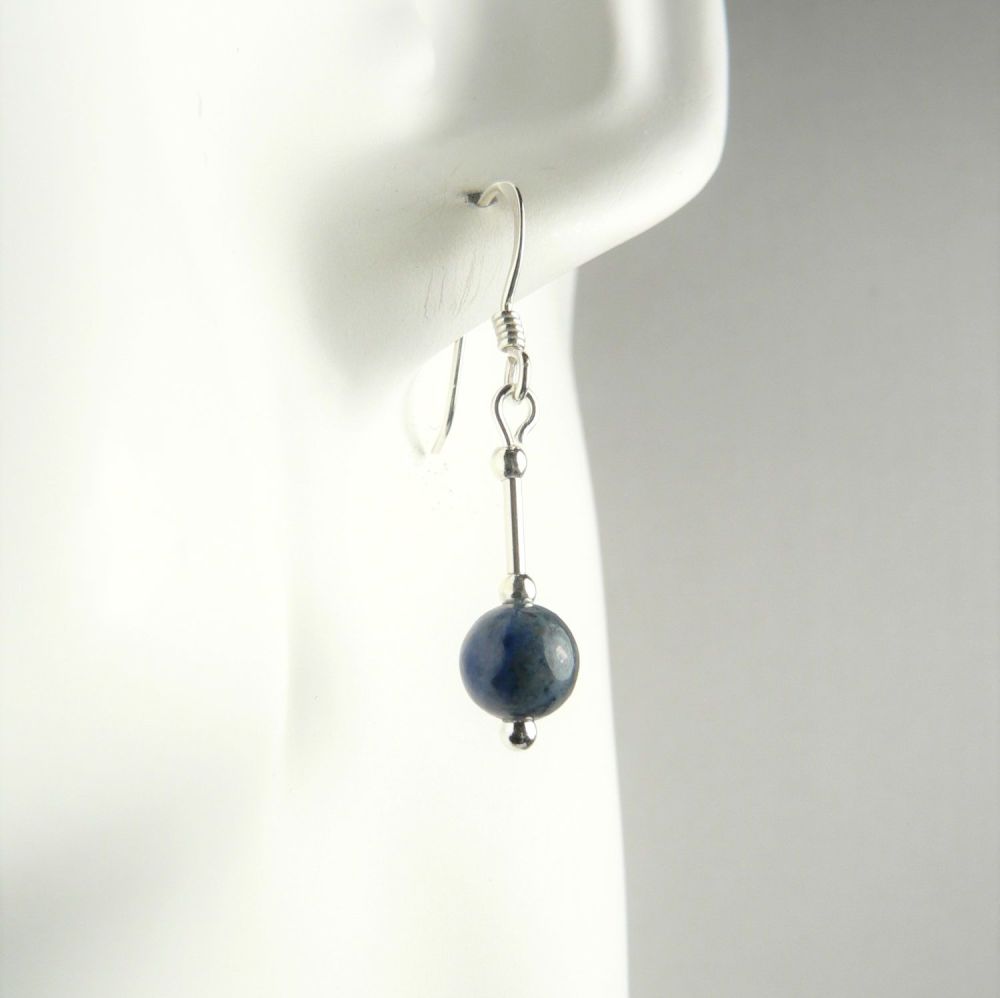 Sterling silver 6mm (+/-) Dumortierite semi-precious stone drop earrings, in a gift box (M)