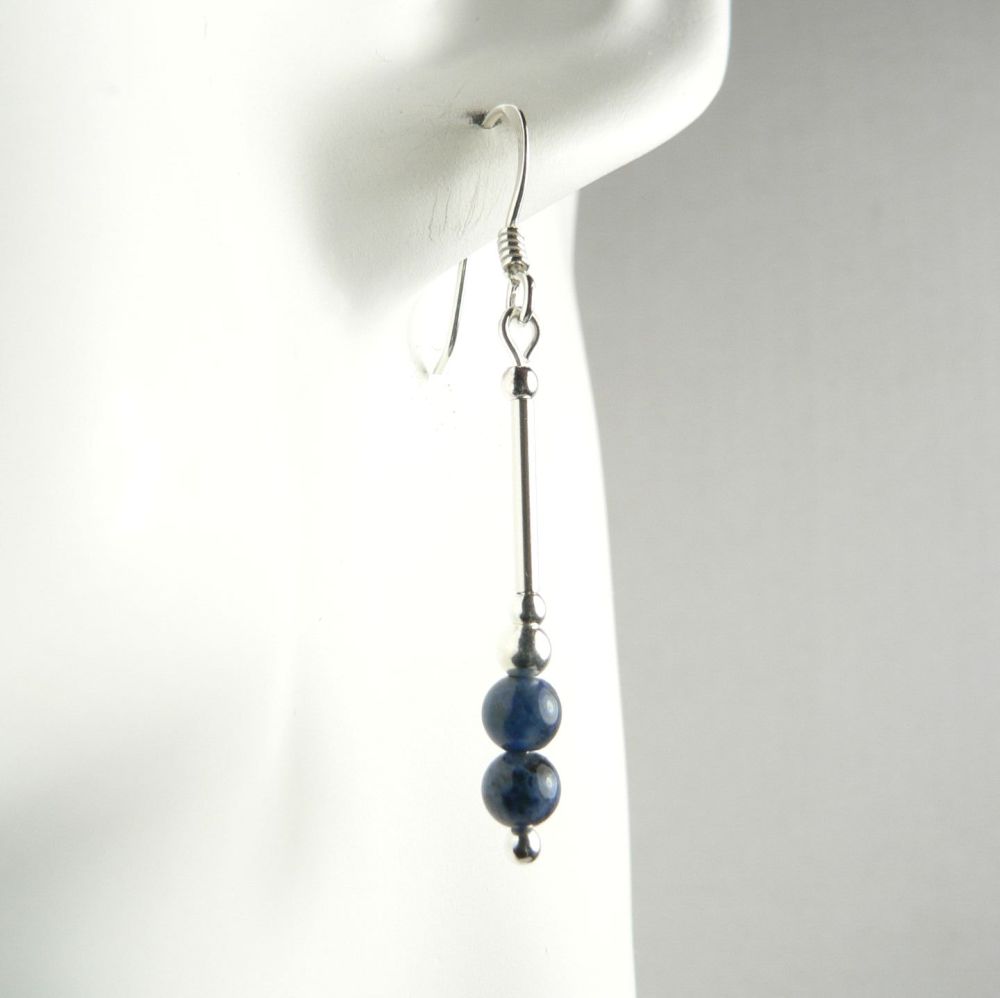 Sterling silver 4mm (+/-) Dumortierite semi-precious stone drop earrings, in a gift box (L)