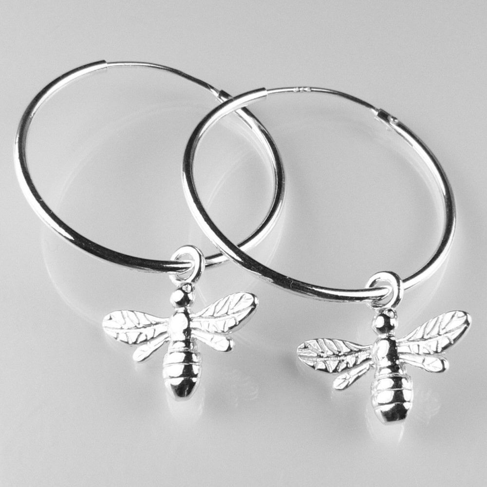 Pair of sterling silver 15mm bee earrings, on 24mm hoops, in a gift box