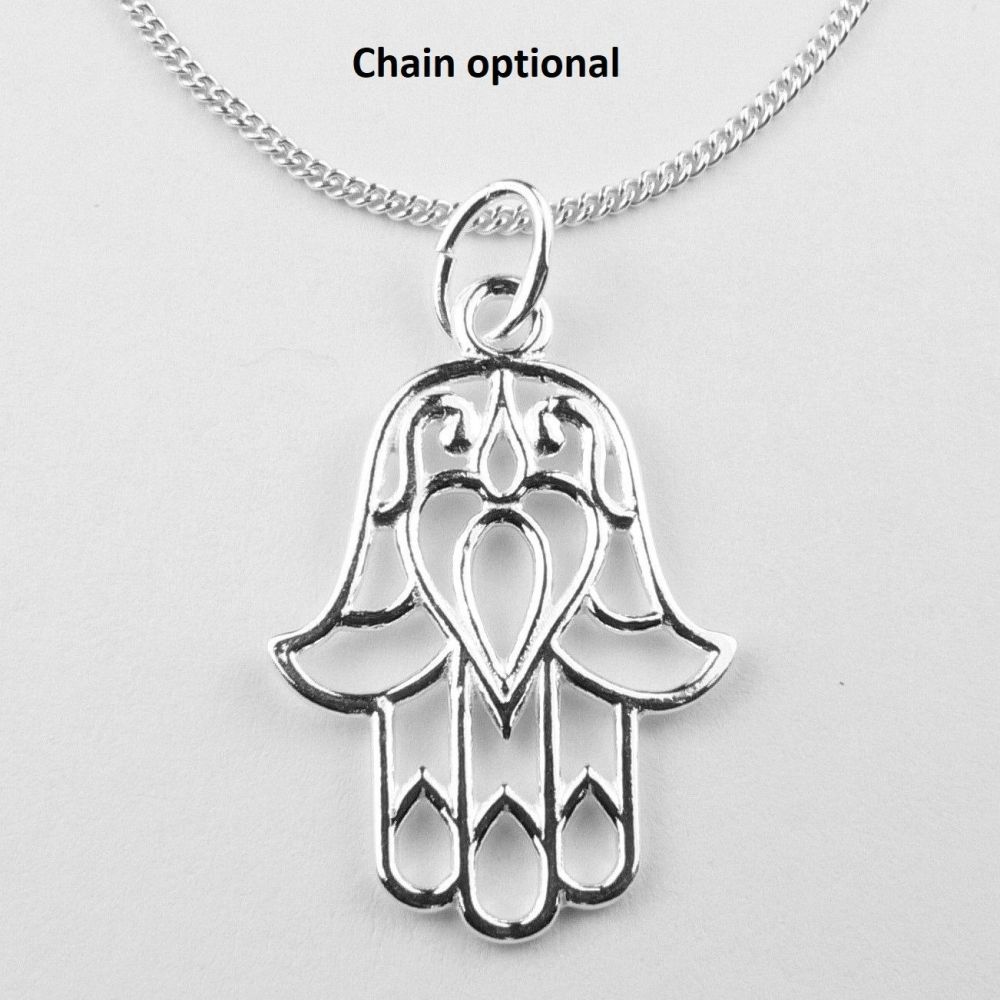 Sterling silver 22mm Hamsa pendant, with/out 16" or 18" fine curb chain, in a gift box, with silver polishing cloth