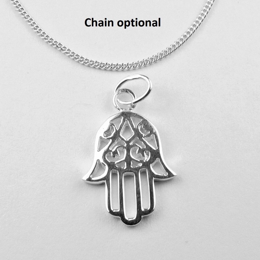 Sterling silver 18mm Hamsa pendant, with/out 16" or 18" fine curb chain, in a gift box, with silver polishing cloth