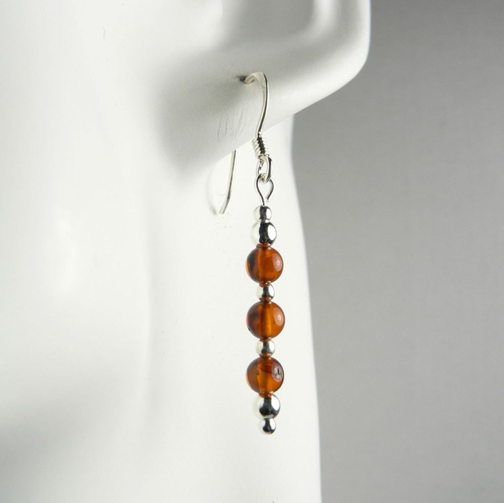 Sterling silver 4mm (+/-) Amber semi-precious stone drop earrings, in a gift box