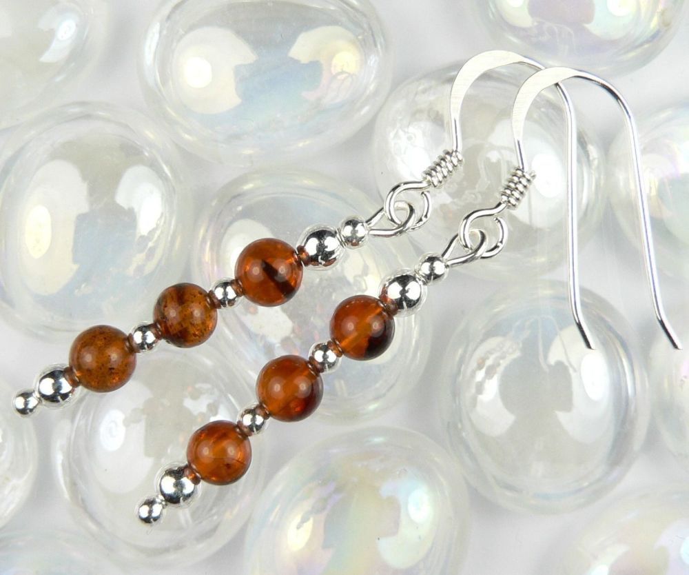 Sterling silver 4mm (+/-) Amber semi-precious stone drop earrings, in a gift box