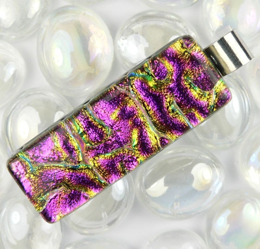 4.6cm pink sterling silver Dichroic glass pendant, with leather cord & gift box (#10706)