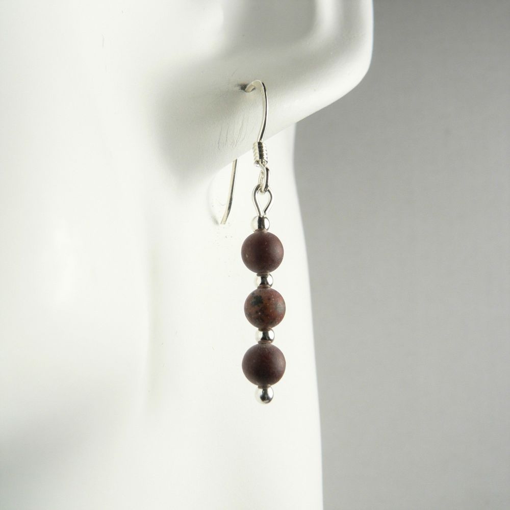 Sterling silver 4mm (+/-) shades of brown Apache Jasper semi-precious stone drop earrings, in a gift box